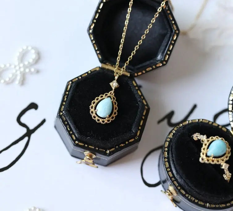 Natural Larimar Teardrop with Diamond Pearl Necklace & Ring 18K Solid Yellow Gold Necklace, Fine Jewelry, Gift for Her, Retro Fine Jewelry Etsy