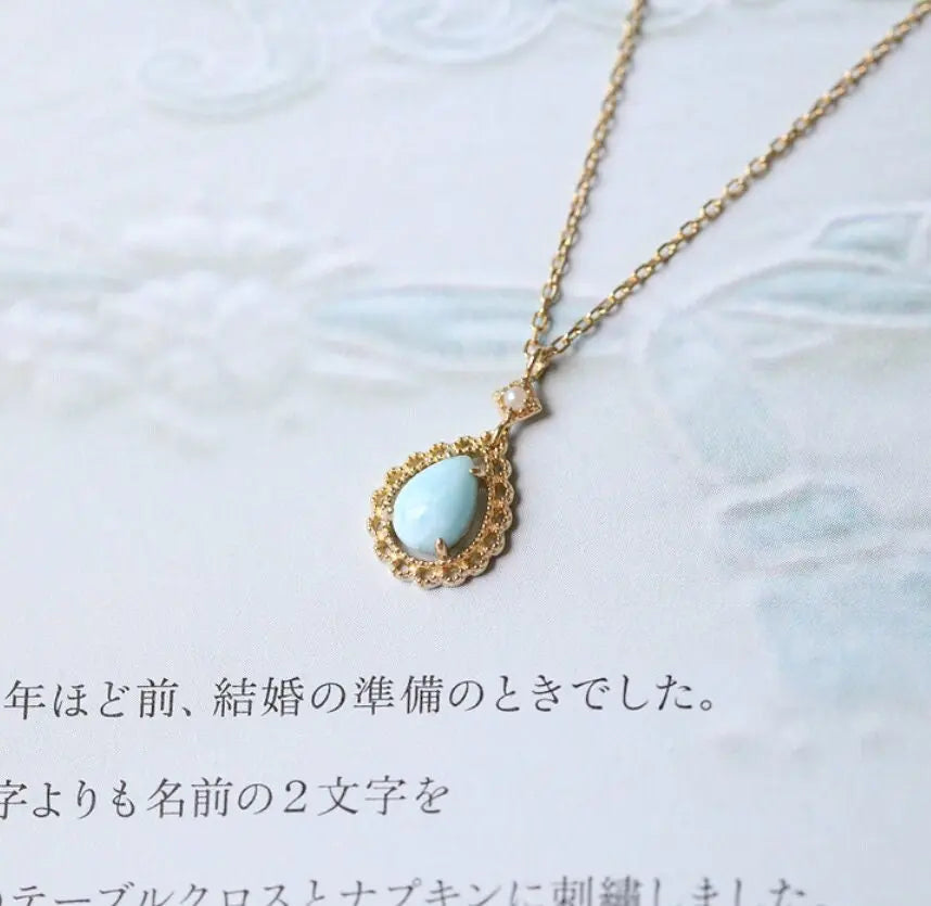 Natural Larimar Teardrop with Diamond Pearl Necklace & Ring 18K Solid Yellow Gold Necklace, Fine Jewelry, Gift for Her, Retro Fine Jewelry Etsy