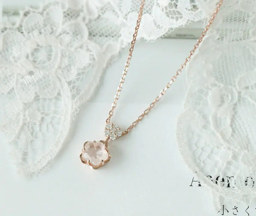 Sakura Pink Quartz & White Diamonds Necklace Handmade 18K Solid Yellow Gold Necklace, Anniversary Gift Idea, Retro Fine Jewelry Etsy