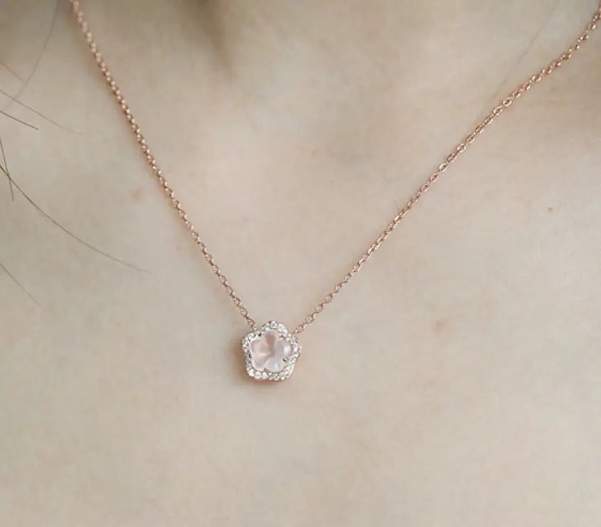 Sakura Pink Quartz & White Diamonds Necklace Handmade 18K Solid Yellow Gold Necklace, Anniversary Gift Idea, Retro Fine Jewelry Etsy