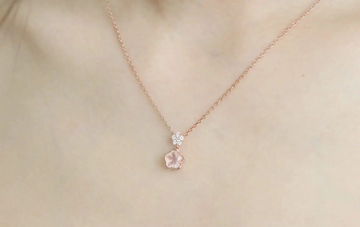 Sakura Pink Quartz & White Diamonds Necklace Handmade 18K Solid Yellow Gold Necklace, Anniversary Gift Idea, Retro Fine Jewelry Etsy