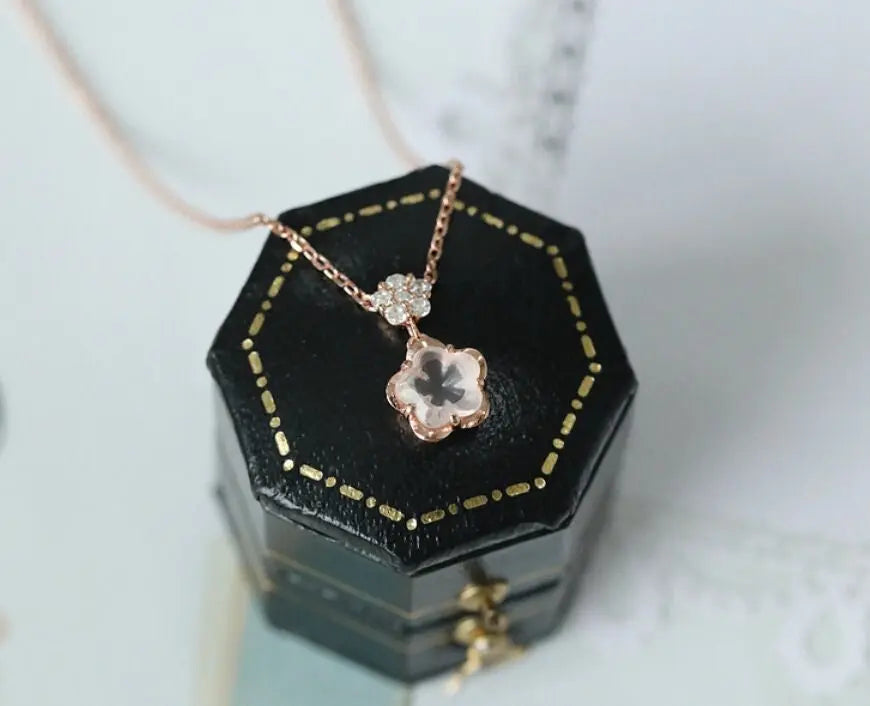 Sakura Pink Quartz & White Diamonds Necklace Handmade 18K Solid Yellow Gold Necklace, Anniversary Gift Idea, Retro Fine Jewelry Etsy