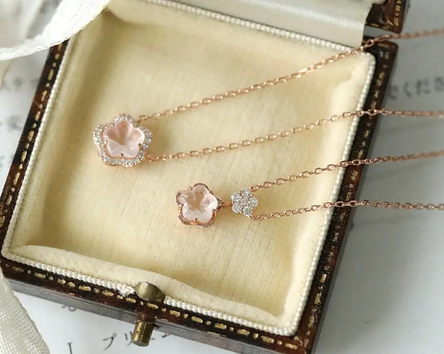 Sakura Pink Quartz & White Diamonds Necklace Handmade 18K Solid Yellow Gold Necklace, Anniversary Gift Idea, Retro Fine Jewelry Etsy