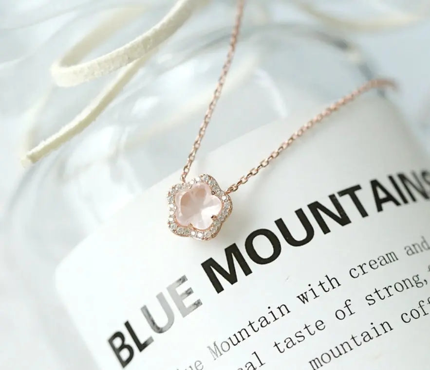 Sakura Pink Quartz & White Diamonds Necklace Handmade 18K Solid Yellow Gold Necklace, Anniversary Gift Idea, Retro Fine Jewelry Etsy