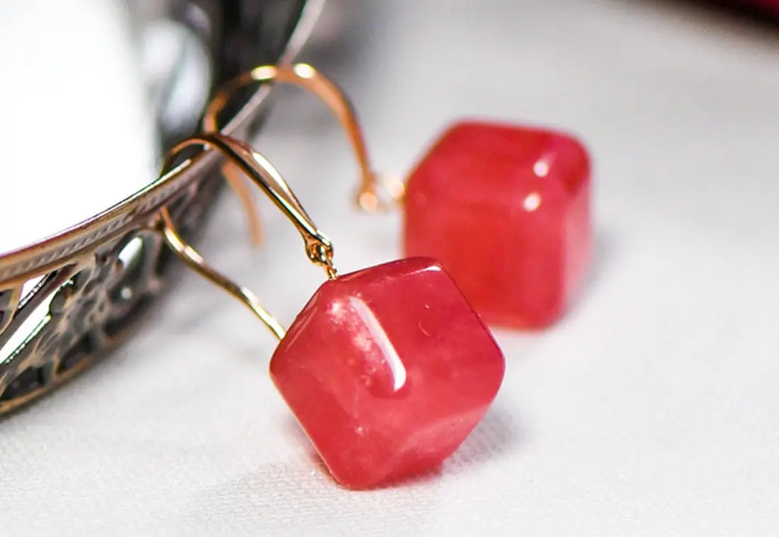 5A+ Natural Rhodochrosite Drop Earring, Handmade 18k Solid Gold Cube Earrings, Anniversary Wedding Gift Idea, Gift for Mom Etsy