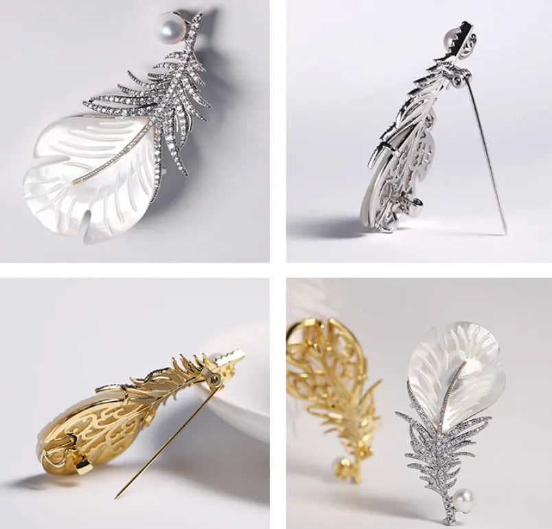 Feather Natural Freshwater White Pearl Brooch, Handmade Gold Plated Feather Brooch, Mother of Pearl, Anniversary Gift Idea, Gift for Mom Etsy