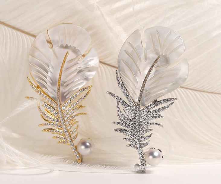 Feather Natural Freshwater White Pearl Brooch, Handmade Gold Plated Feather Brooch, Mother of Pearl, Anniversary Gift Idea, Gift for Mom Etsy