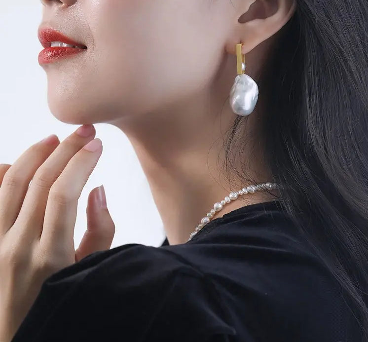 17mm Natural High Luster Baroque White Pearl Earrings, Gold Vermeil Earrings, Minimalist Earrings, Anniversary Gift Idea, Gift for Mom - LaCorserArtJewelry