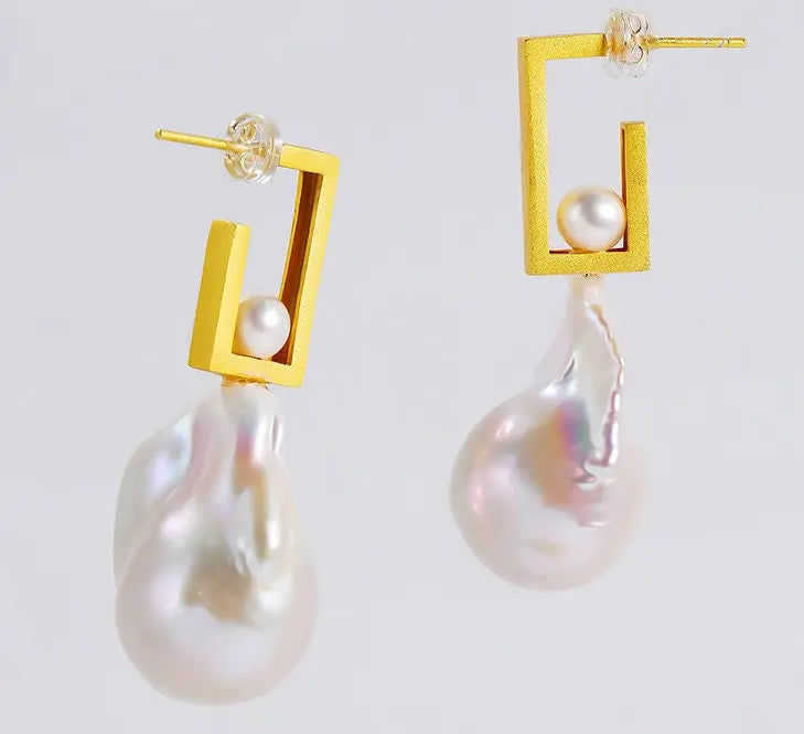 17mm Natural High Luster Baroque White Pearl Earrings, Gold Vermeil Earrings, Minimalist Earrings, Anniversary Gift Idea, Gift for Mom - LaCorserArtJewelry