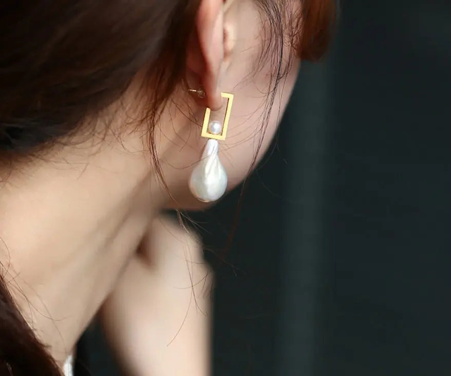 17mm Natural High Luster Baroque White Pearl Earrings, Gold Vermeil Earrings, Minimalist Earrings, Anniversary Gift Idea, Gift for Mom - LaCorserArtJewelry