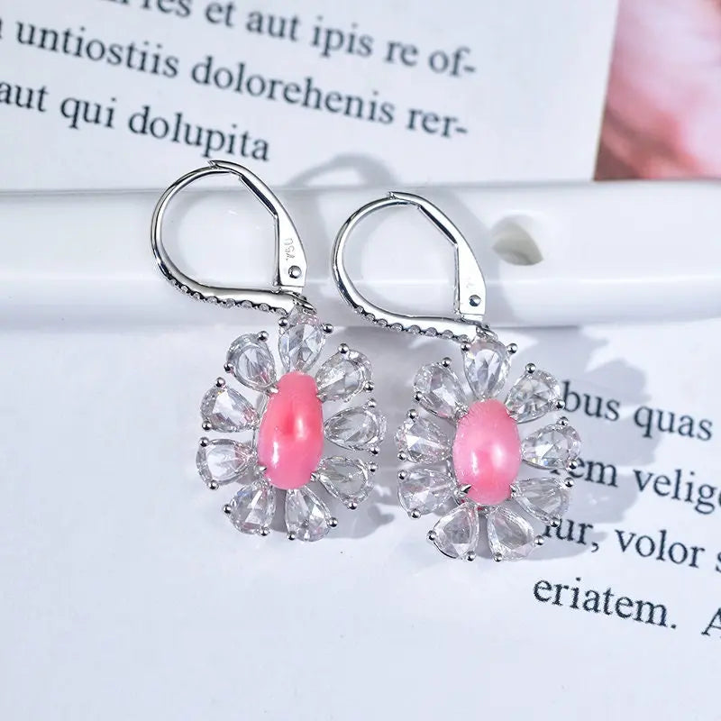 Queen Conch Pearl & White Diamond Marquise Cut Earrings 18K Solid White Gold Flower Earrings (Customize), Strombus Gigas, Flamed Pink Pearl - LaCorserArtJewelry