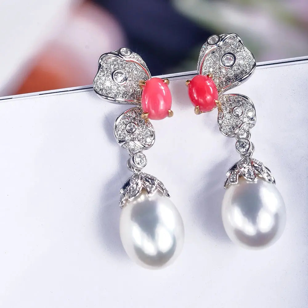 Queen Conch Pearl & White Diamond Baroque Pearl Earrings 18K Solid White Gold Flower Earrings (Customize), Strombus Gigas, Flamed Pink Pearl Etsy