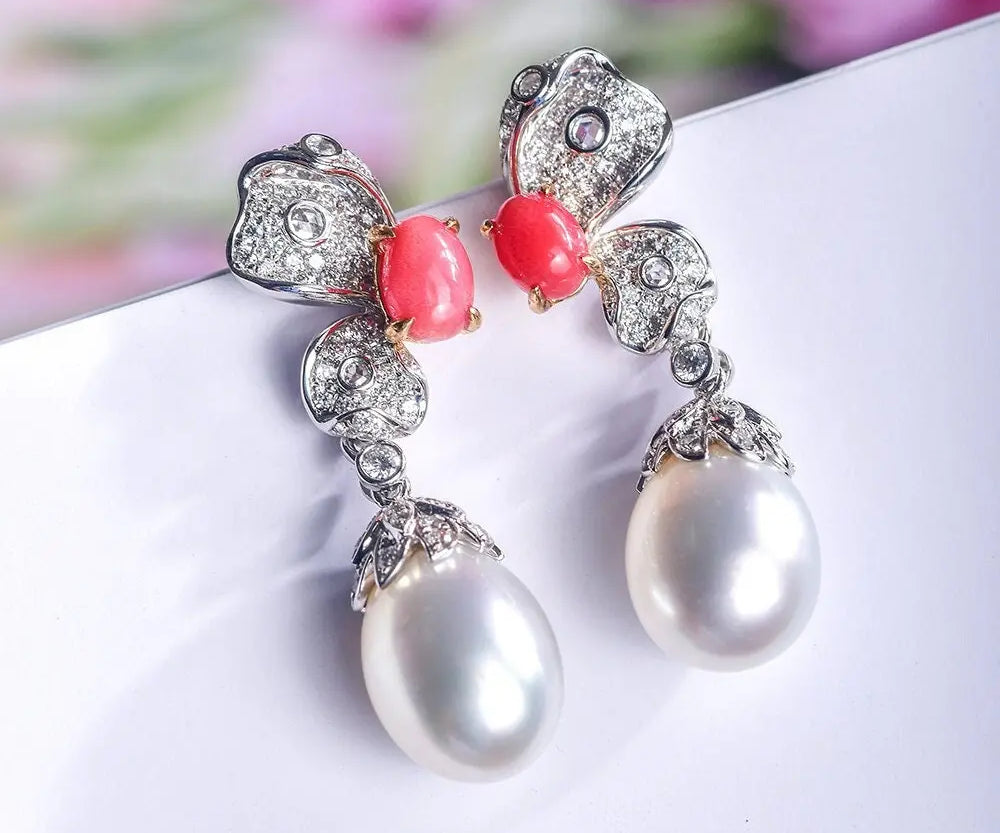 Queen Conch Pearl & White Diamond Baroque Pearl Earrings 18K Solid White Gold Flower Earrings (Customize), Strombus Gigas, Flamed Pink Pearl Etsy
