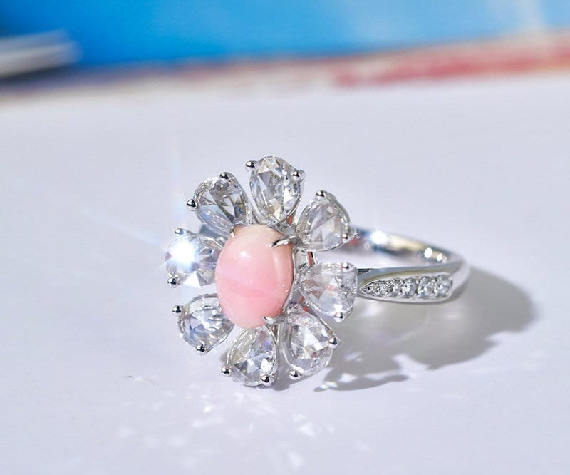 Queen Conch Pearl & White Diamond Pear Cut Ring 18K Solid White Gold Ring (Customize), Strombus Gigas, Flamed Pink Pearl Etsy