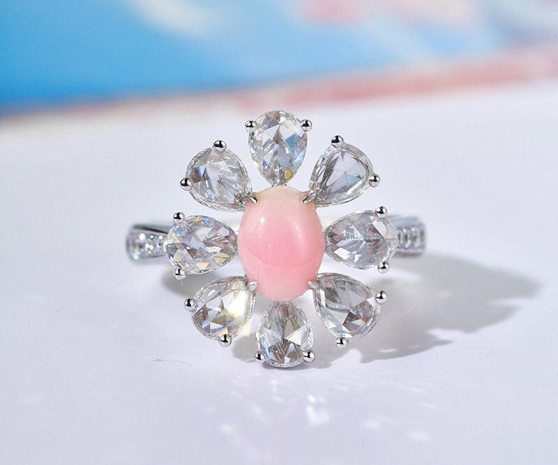 Queen Conch Pearl & White Diamond Pear Cut Ring 18K Solid White Gold Ring (Customize), Strombus Gigas, Flamed Pink Pearl Etsy