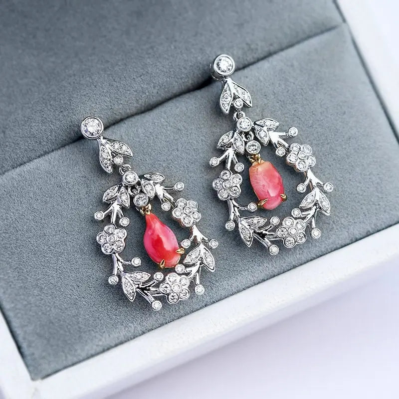 Queen Conch Pearl & White Diamond Earrings 18K Solid White Gold Wreath Flower Earrings (Customize), Strombus Gigas, Flamed Pink Pearl Etsy
