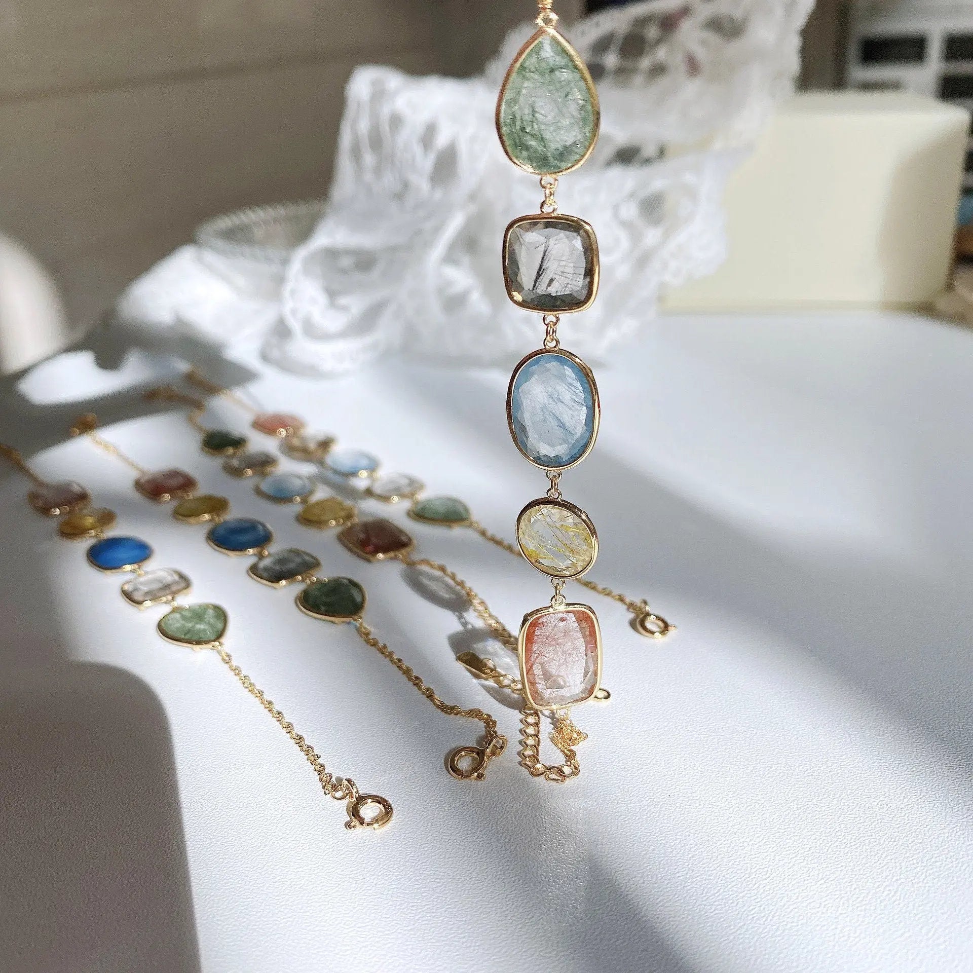 Natural Actinolite Tourmalinated Rutilated Quartz Bracelet, Handmade 18k Gold Vermail Bracelet, Anniversary Gift Idea Retro Jewelry - LaCorserArtJewelry