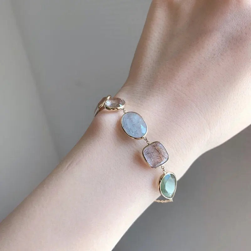 Natural Actinolite Tourmalinated Rutilated Quartz Bracelet, Handmade 18k Gold Vermail Bracelet, Anniversary Gift Idea Retro Jewelry - LaCorserArtJewelry