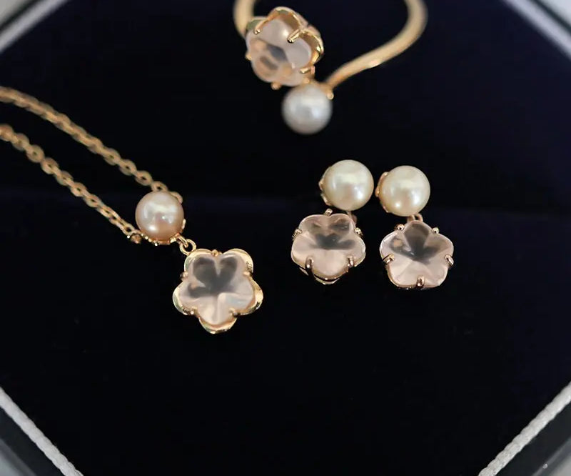 Sakura Pink Quartz & Pearl Ring, Handmade 18K Solid Yellow Gold Open Ring, Anniversary Gift Idea, Jewelry Set, Retro Fine Jewelry Etsy