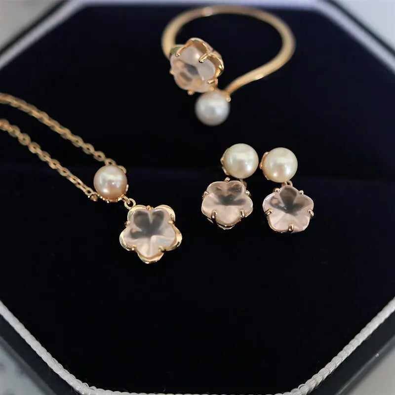 Sakura Pink Quartz & Pearl Ring, Handmade 18K Solid Yellow Gold Open Ring, Anniversary Gift Idea, Jewelry Set, Retro Fine Jewelry Etsy