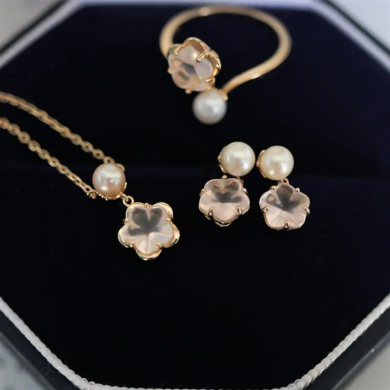 Sakura Pink Quartz & Pearl Necklace, Handmade 18K Solid Yellow Gold Open Necklace, Anniversary Gift Idea, Jewelry Set, Retro Fine Jewelry - LaCorserArtJewelry