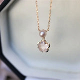 Sakura Pink Quartz & Pearl Necklace, Handmade 18K Solid Yellow Gold Open Necklace, Anniversary Gift Idea, Jewelry Set, Retro Fine Jewelry - LaCorserArtJewelry