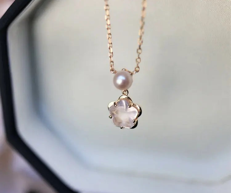 Sakura Pink Quartz & Pearl Jewelry Set, Handmade 18K Solid Yellow Gold Open Necklace, Anniversary Gift Idea, Jewelry Set, Retro Fine Jewelry Etsy