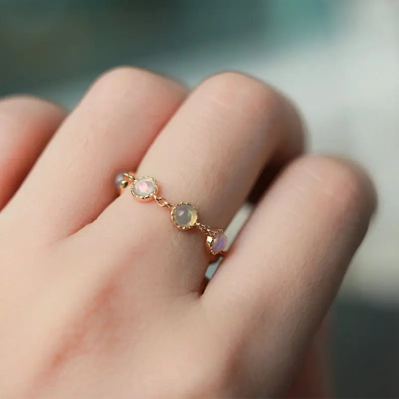 Natural Opal & Garnet Chain Ring, Handmade 18K Solid Yellow Gold Ring, October Birthstone, Gift for Her, Anniversary Gift Idea, Fine Jewelry Etsy