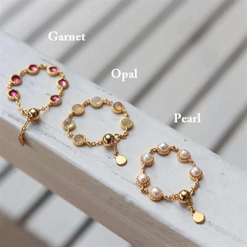 Natural Opal & Garnet Chain Ring, Handmade 18K Solid Yellow Gold Ring, October Birthstone, Gift for Her, Anniversary Gift Idea, Fine Jewelry Etsy