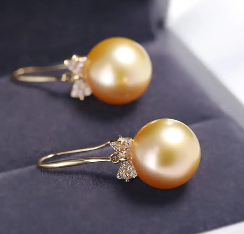 11mm Natural Golden South Sea Pearl Earrings, 18K Solid Champagne Gold Earrings, Bowknot Earring, Seawater Pearl Earrings, Gift for Mom Etsy