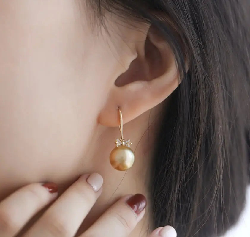 11mm Natural Golden South Sea Pearl Earrings, 18K Solid Champagne Gold Earrings, Bowknot Earring, Seawater Pearl Earrings, Gift for Mom Etsy