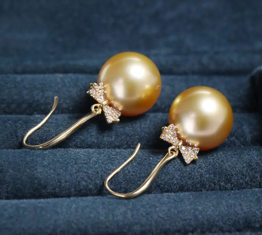 11mm Natural Golden South Sea Pearl Earrings, 18K Solid Champagne Gold Earrings, Bowknot Earring, Seawater Pearl Earrings, Gift for Mom Etsy
