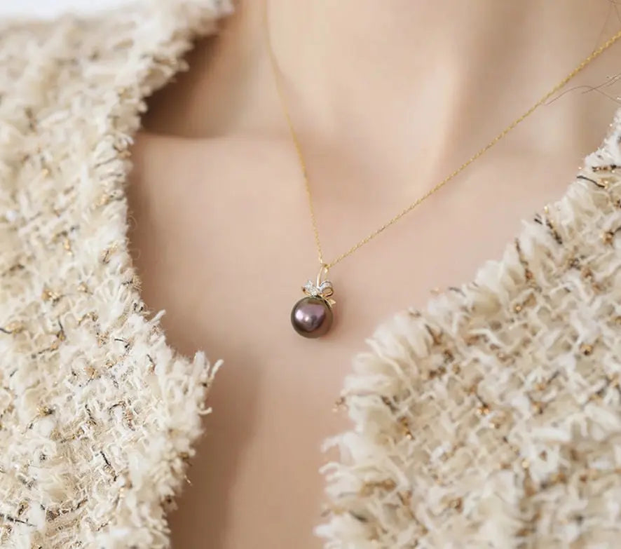 11mm Tahitian Black Pearl & Diamond Necklace, 18K Yellow Gold Etsy