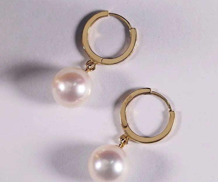 9mm Natural High Luster White Pearl Earrings Handmade, 18k Solid Yellow Gold Earrings, Gift for Mom, Anniversary Gift Idea Etsy