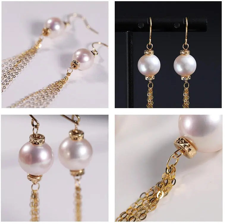 9mm Japan Akoya Pearl Earrings - 18K Gold Tassel Design Etsy