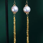 9mm Japan Akoya Pearl Earrings - 18K Gold Tassel Design Etsy