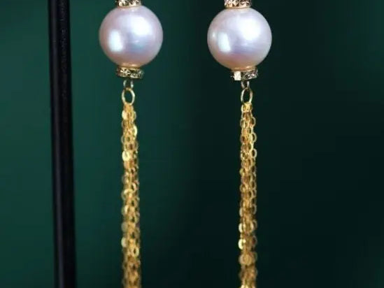 9mm Japan Akoya Pearl Earrings - 18K Gold Tassel Design Etsy