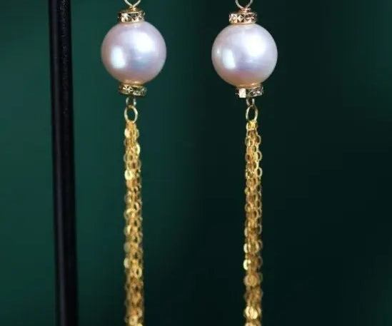9mm Japan Akoya Pearl Earrings - 18K Gold Tassel Design Etsy