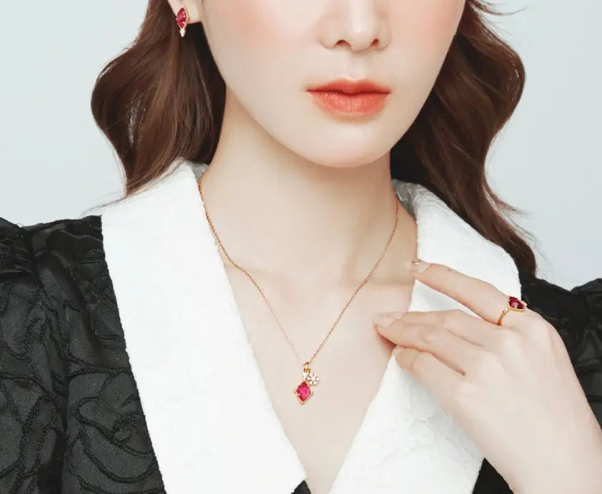 Natural Rubellite & White Diamond Necklace, Handmade 18K Solid Yellow Gold Necklace, Rubellite Ring Earrings, Anniversary Gift Idea - LaCorserArtJewelry