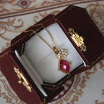 Natural Rubellite & White Diamond Necklace, Handmade 18K Solid Yellow Gold Necklace, Rubellite Ring Earrings, Anniversary Gift Idea - LaCorserArtJewelry