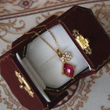 Natural Rubellite & White Diamond Necklace, Handmade 18K Solid Yellow Gold Necklace, Rubellite Ring Earrings, Anniversary Gift Idea - LaCorserArtJewelry