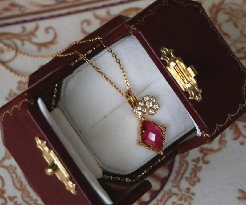 Natural Rubellite & White Diamond Necklace, Handmade 18K Solid Yellow Gold Necklace, Rubellite Ring Earrings, Anniversary Gift Idea - LaCorserArtJewelry