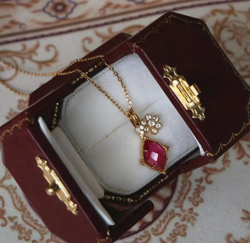 Natural Rubellite & White Diamond Necklace, Handmade 18K Solid Yellow Gold Necklace, Rubellite Ring Earrings, Anniversary Gift Idea - LaCorserArtJewelry