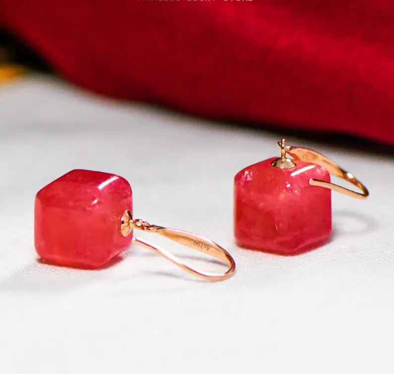 5A+ Natural Rhodochrosite Drop Earring, Handmade 18k Solid Gold Cube Earrings, Anniversary Wedding Gift Idea, Gift for Mom Etsy