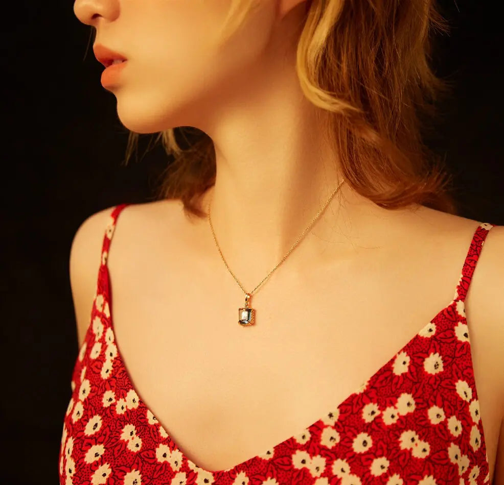 Swiss Blue Topaz Step Cut Necklace, Handmade 18K Solid Yellow Gold Necklace, Statue Necklace, Gift for Her, Anniversary Gift Idea Etsy