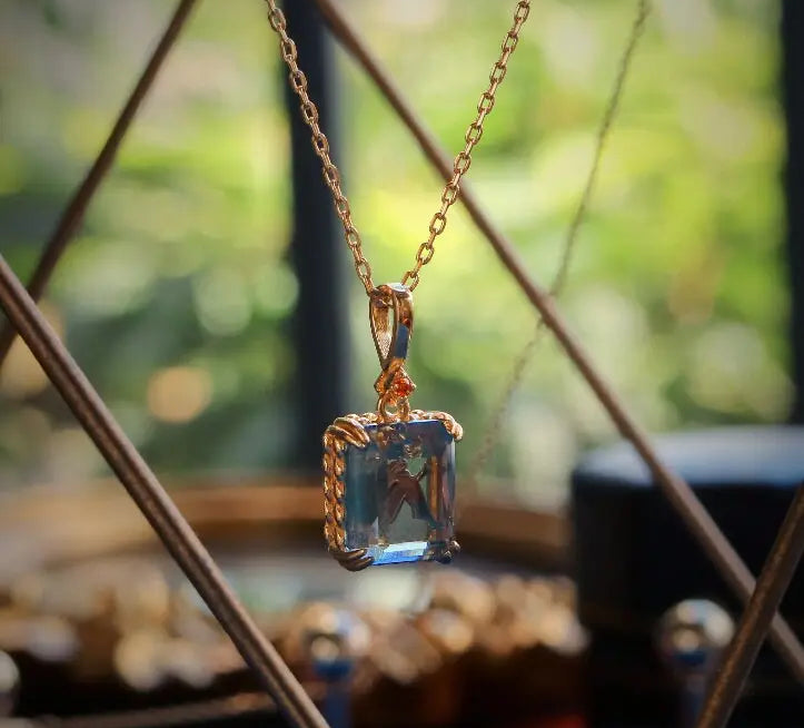 Swiss Blue Topaz Step Cut Necklace, Handmade 18K Solid Yellow Gold Necklace, Statue Necklace, Gift for Her, Anniversary Gift Idea Etsy
