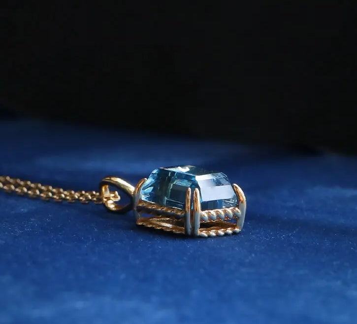Swiss Blue Topaz Step Cut Necklace, Handmade 18K Solid Yellow Gold Necklace, Statue Necklace, Gift for Her, Anniversary Gift Idea Etsy