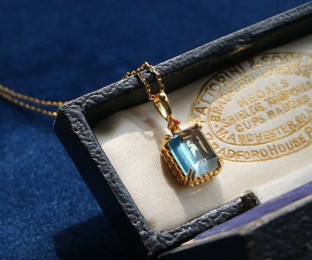 Swiss Blue Topaz Step Cut Necklace, Handmade 18K Solid Yellow Gold Necklace, Statue Necklace, Gift for Her, Anniversary Gift Idea Etsy