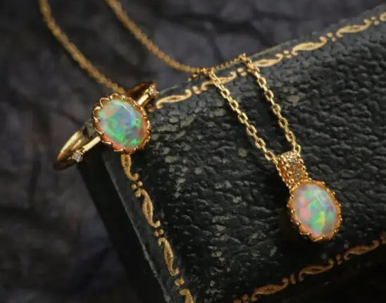 Opal  Diamond Necklace - 18K Yellow Gold October Birthstone Etsy
