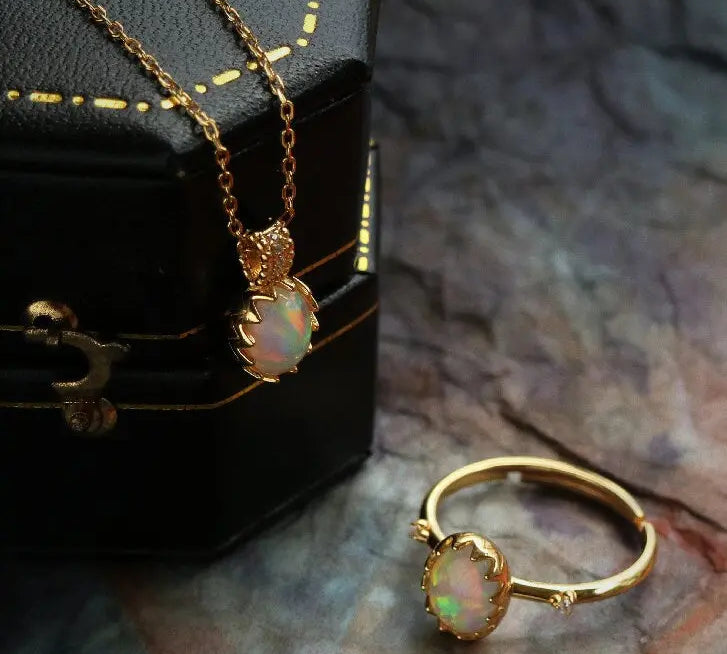 Opal  Diamond Necklace - 18K Yellow Gold October Birthstone Etsy